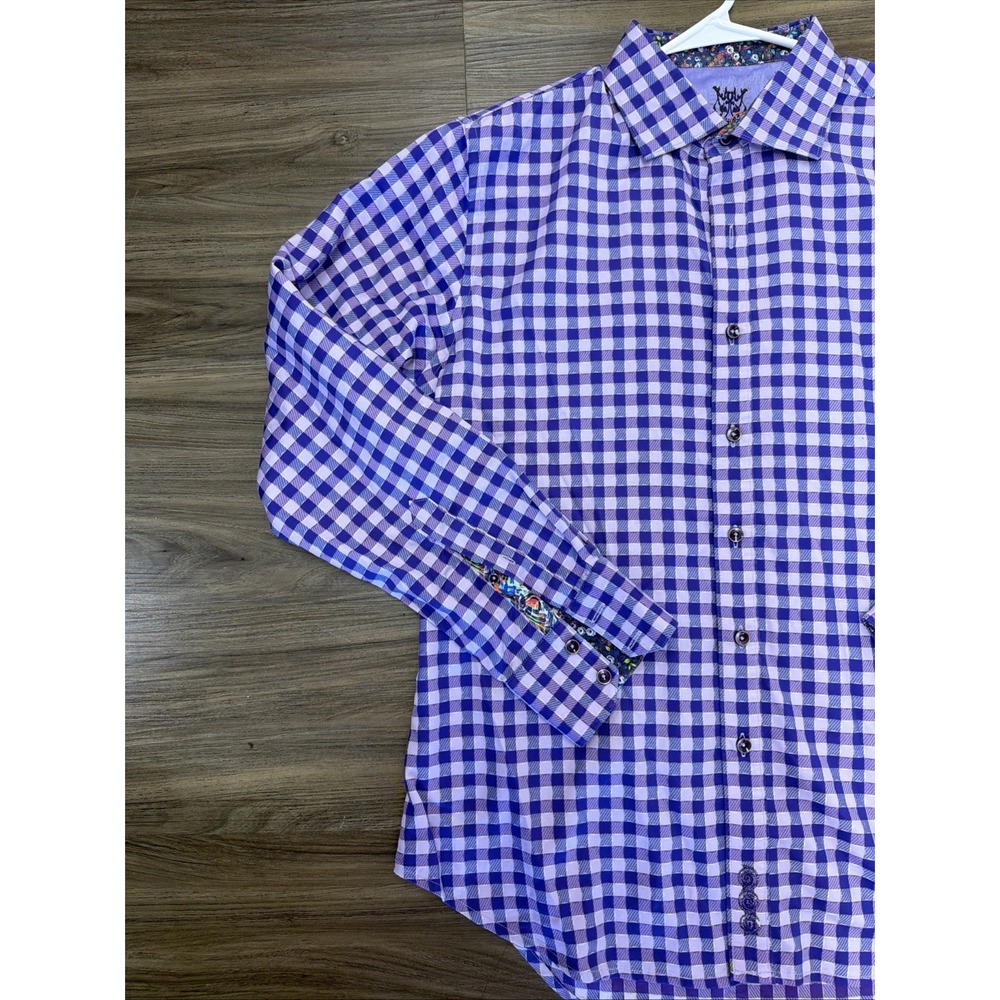 Robert Graham Mens L Purple Gingham Flip Cuff Embroidered Button Up - Picture 2 of 8